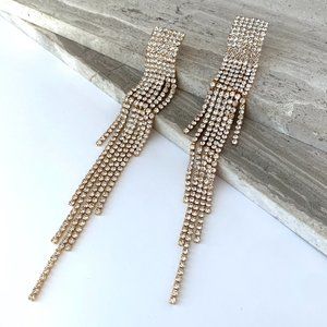 New ~ Anthropologie Long Gold Rhinestone Fringe Earrings